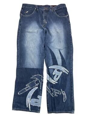 VTG Y2K 90s Phat Farm Denim Patch Baggy Wide Leg Jeans Mens 40x32 Hip Hop Skater